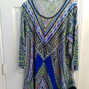 Boho Geometric Print Asymmetrical Tunic Dress with 3/4 Sleeves - Blue & Green‎